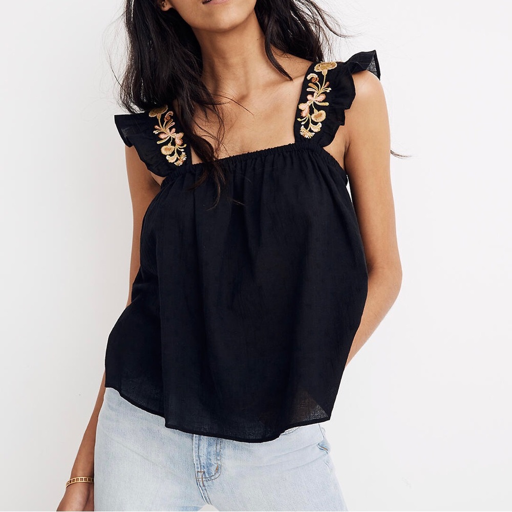 Madewell Floral Embroidered Strap Swing Tank Top Black Small